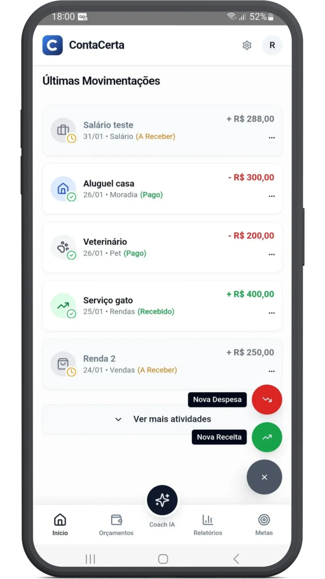 Cadastro de contas e receitas